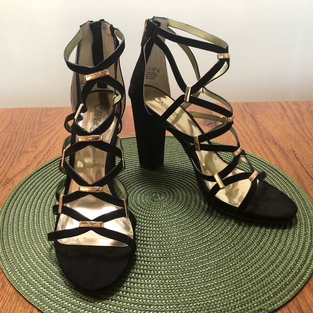 Black suede block heels with gold detail